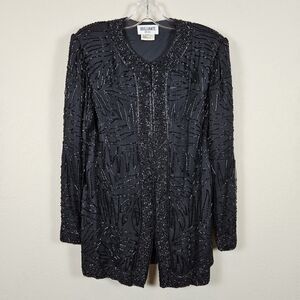 Vintage Beaded Silk Jacket Duster Coat Large Elegant Black Party Wedding Blazer